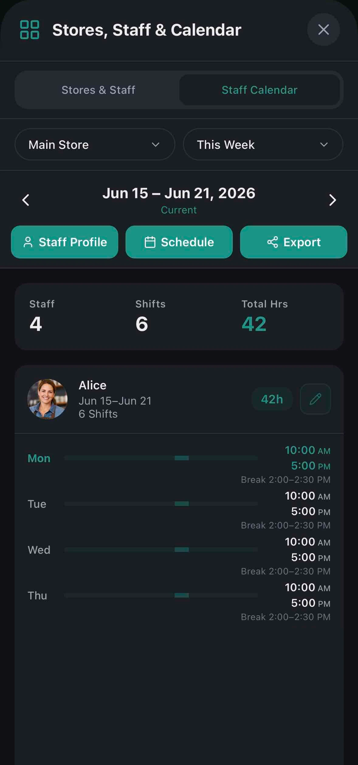 Stores, Staff & Calendar — Staff Calendar & Export