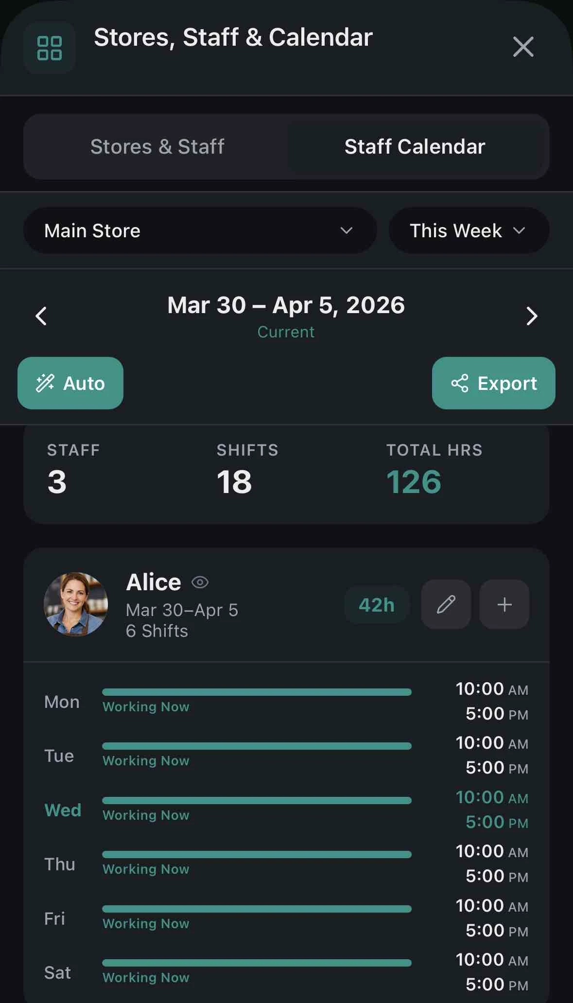 Staff Profile & Schedule screen