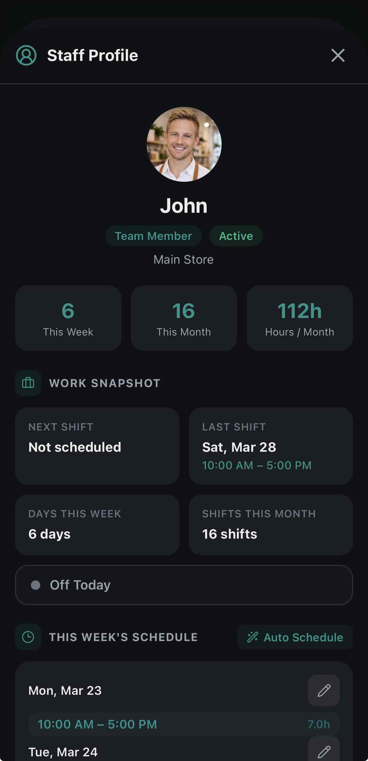 Staff Profile & Schedule screen