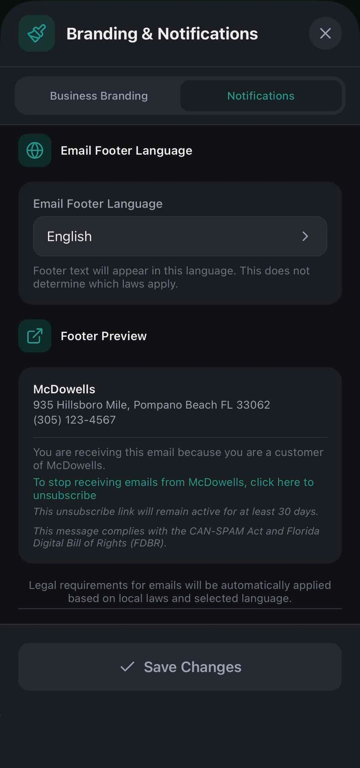 Branding & Notifications — Email Footer Language & Compliance
