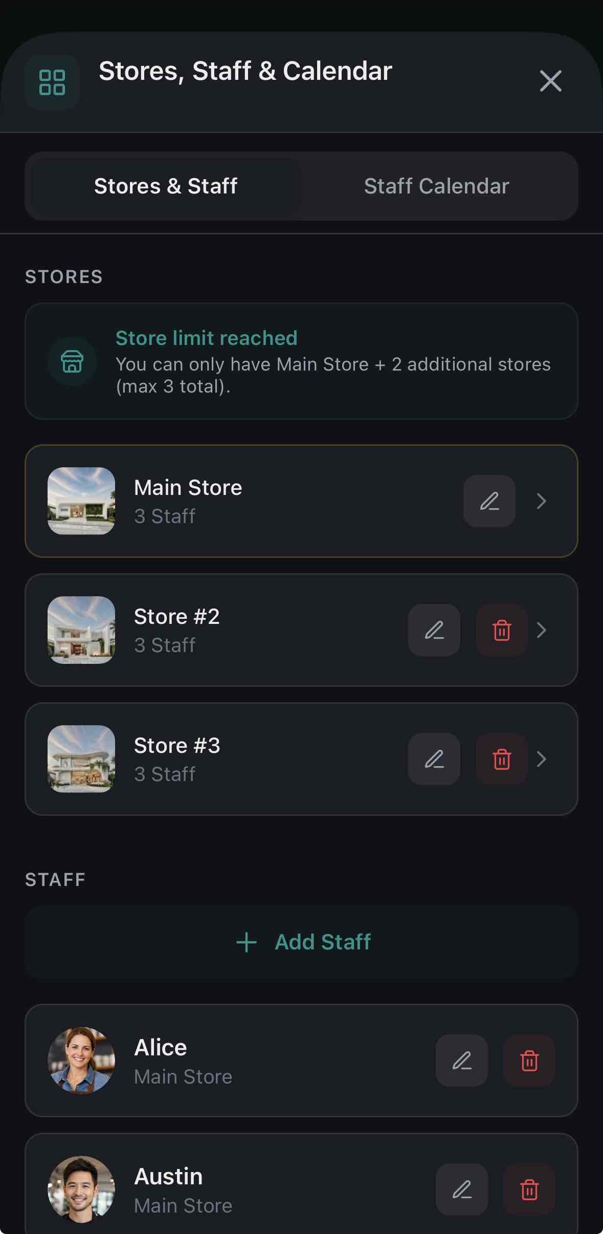 Stores, Staff & Calendar — Stores & Staff view