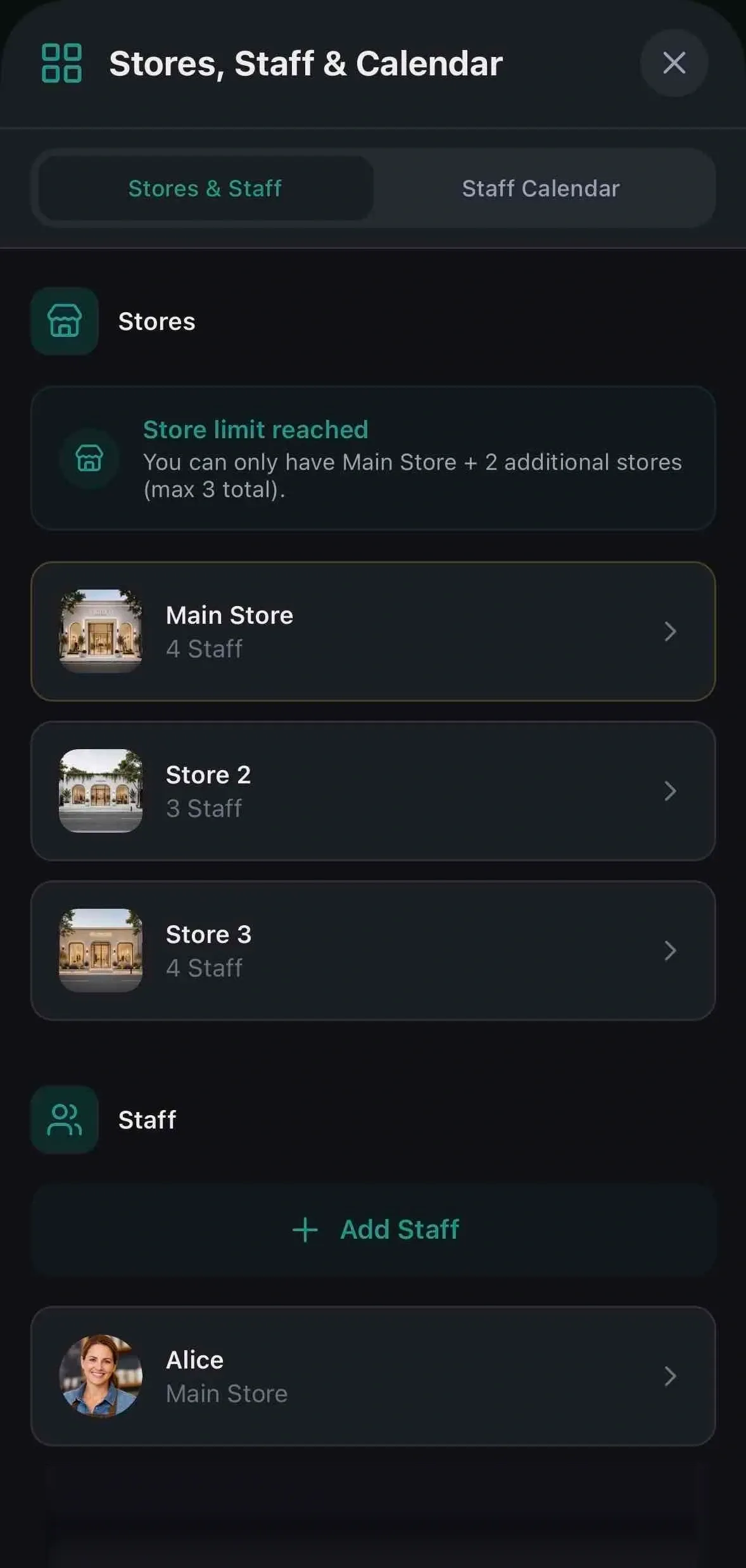 Stores, Staff & Calendar — Stores & Staff view