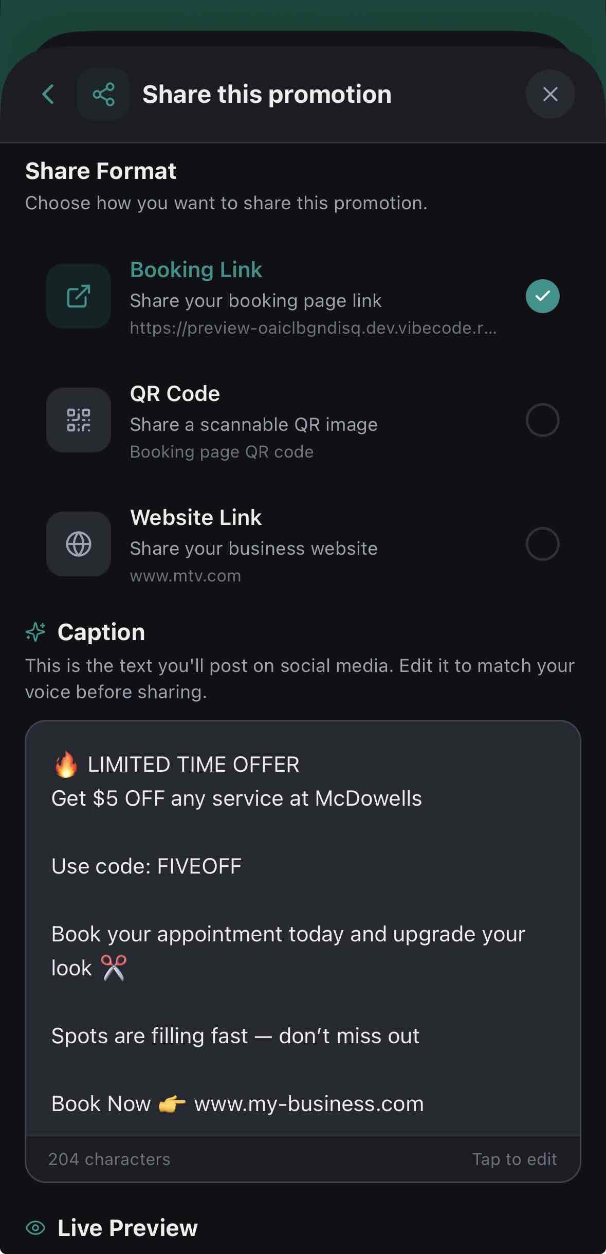 Share this promotion screen