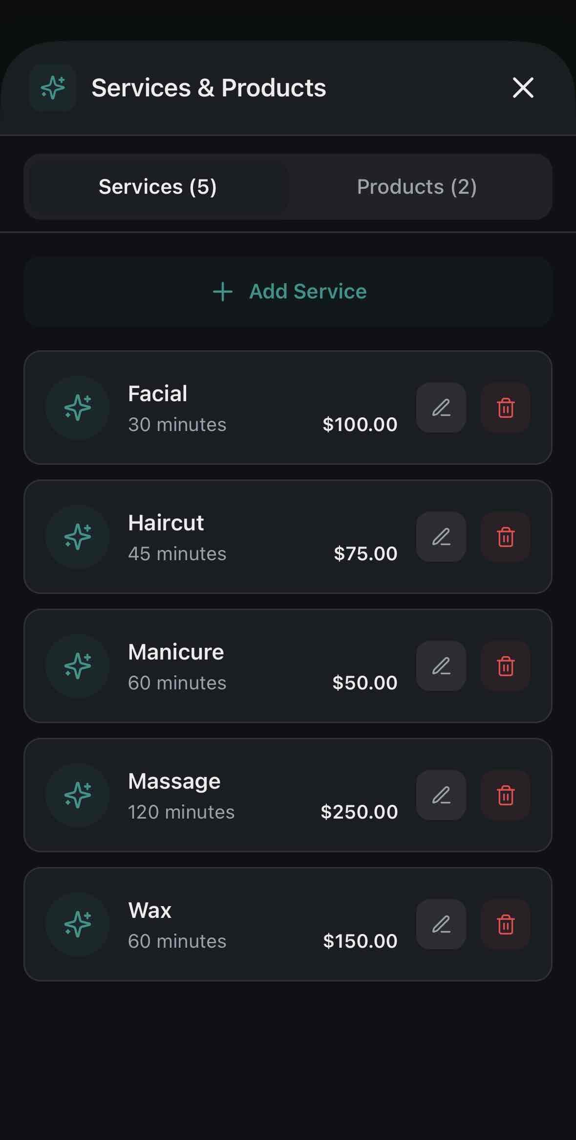 Services & Products Screen