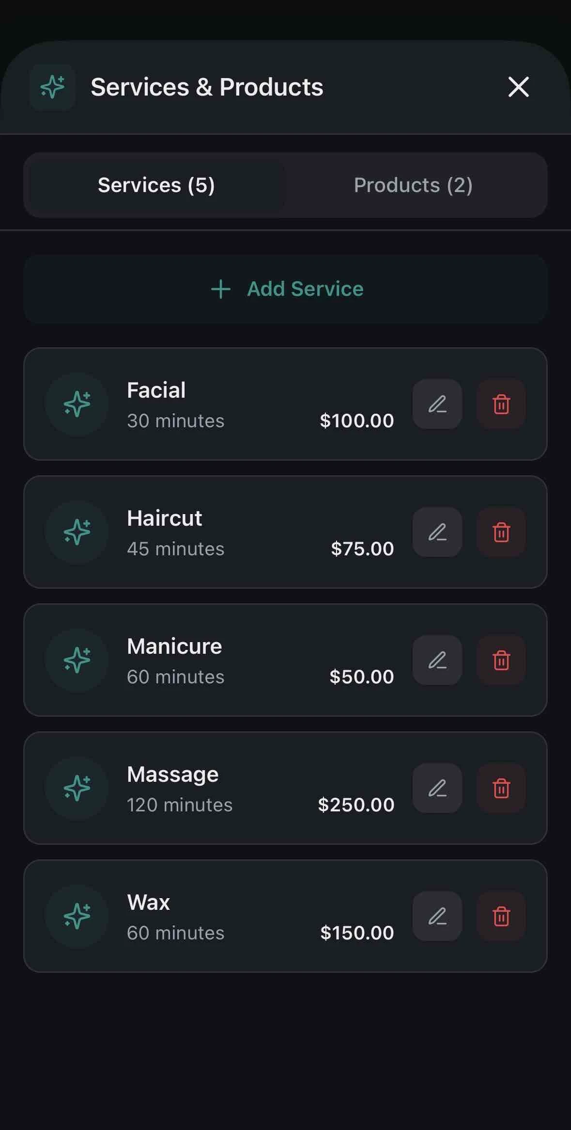 Services & Products Screen