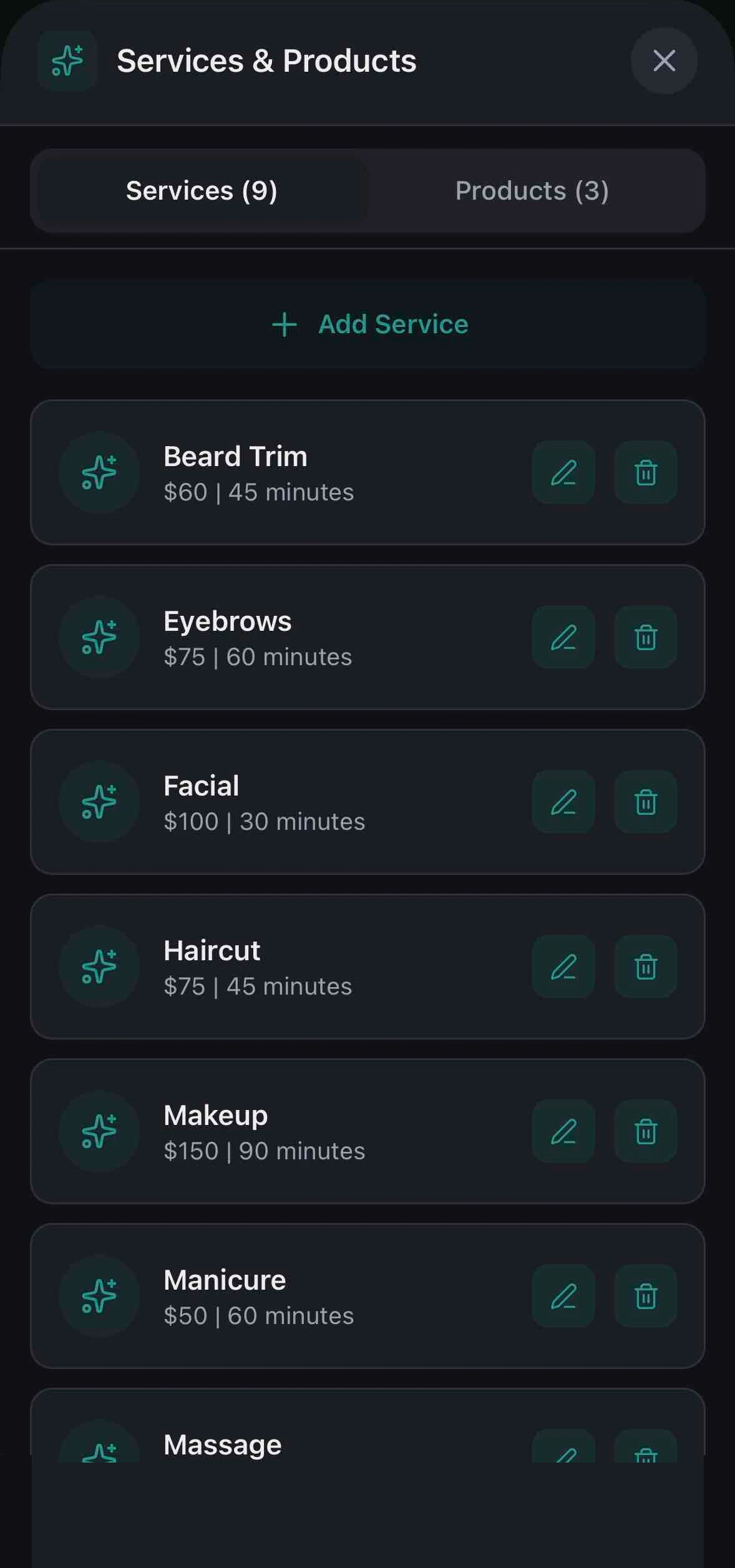Services & Products Screen
